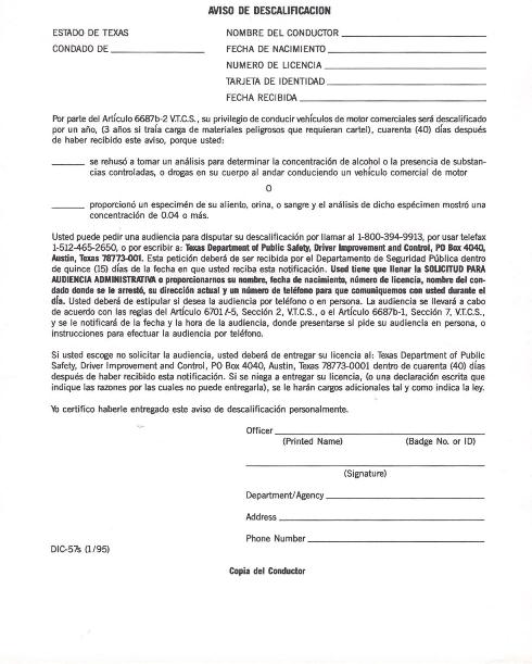 DIC-57S Notice of Disqualification (Spanish)
